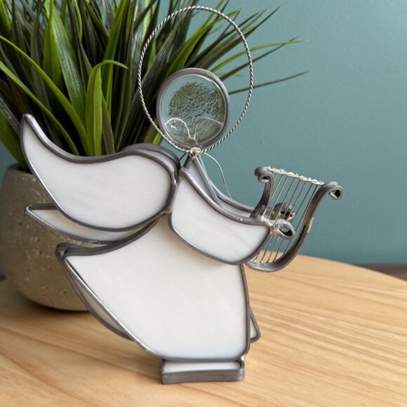 Vtg Stained Glass Angel Harp Halo Iridescent on Base Hand Crafted Jean Richards - Picture 7 of 12